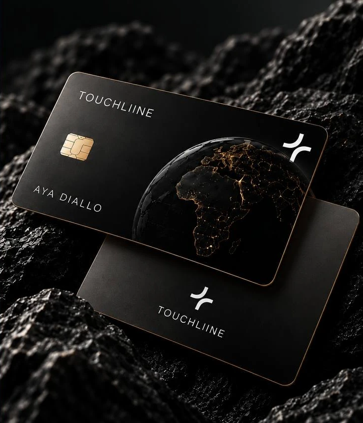 The TOUCHLIINE Classic card in black with gold edges, front and back, resting on dark volcanic rock.